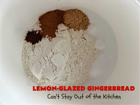 Lemon-Glazed Gingerbread | Can't Stay Out of the Kitchen | this delectable #gingerbread is served with a #LemonGlaze dolloped over top. One whiff of this #dessert #baking in your oven will have you swooning! Excellent #dessert for any occasion including #FallBaking, #Christmas #holidays or anytime you want a #GingerbreadDessert! #LemonGlazedGingerbread