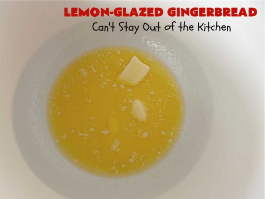 Lemon-Glazed Gingerbread | Can't Stay Out of the Kitchen | this delectable #gingerbread is served with a #LemonGlaze dolloped over top. One whiff of this #dessert #baking in your oven will have you swooning! Excellent #dessert for any occasion including #FallBaking, #Christmas #holidays or anytime you want a #GingerbreadDessert! #LemonGlazedGingerbread