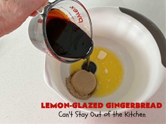 Lemon-Glazed Gingerbread | Can't Stay Out of the Kitchen | this delectable #gingerbread is served with a #LemonGlaze dolloped over top. One whiff of this #dessert #baking in your oven will have you swooning! Excellent #dessert for any occasion including #FallBaking, #Christmas #holidays or anytime you want a #GingerbreadDessert! #LemonGlazedGingerbread