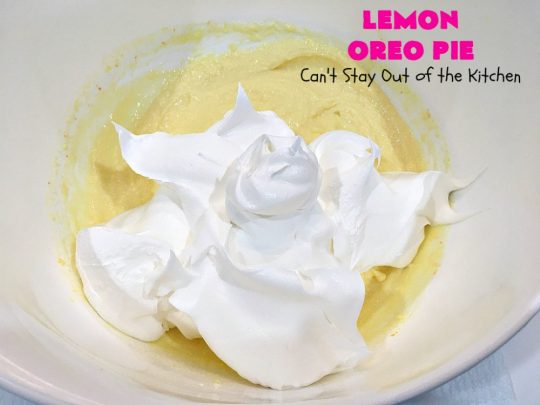 Lemon Oreo Pie | Can't Stay Out of the Kitchen | this luscious 5-ingredient #pie will knock your socks off! It's made with #LemonOreos & is perfect for a company or #holiday #dessert. #Lemon #Oreos #LemonOreoPie