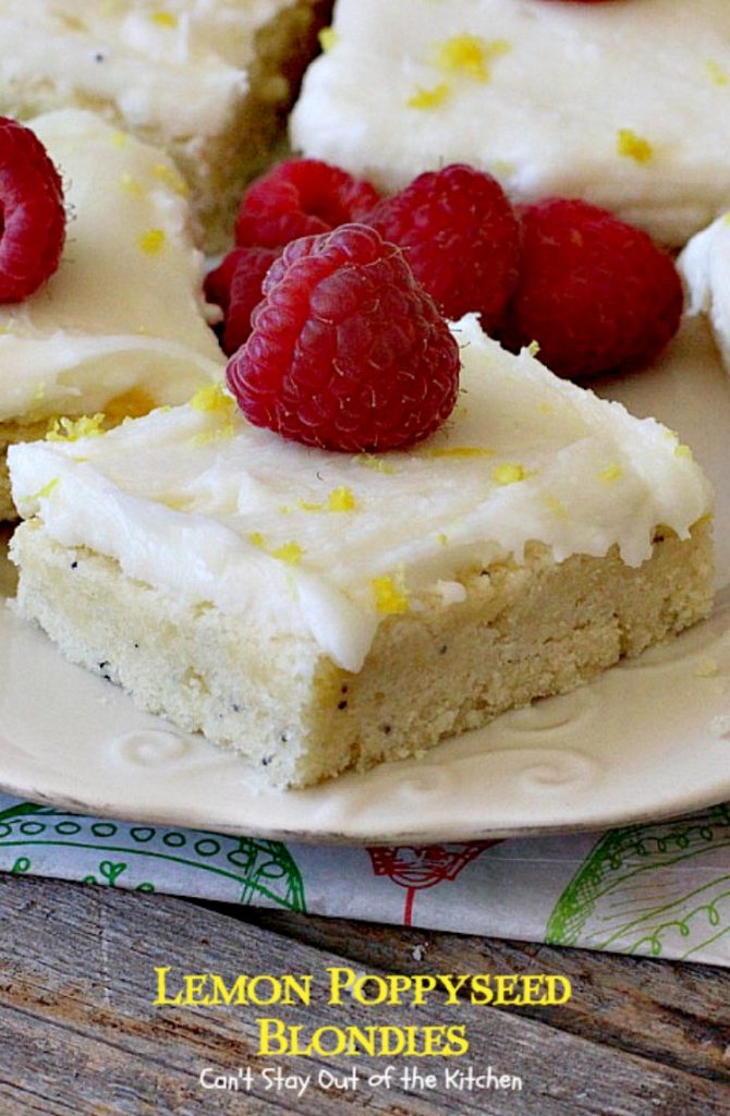 Lemon Poppyseed Blondies | Can't Stay Out of the Kitchen | these luscious #lemon #poppyseed #cookies have a scrumptious lemon frosting you'll be drooling over! #dessert