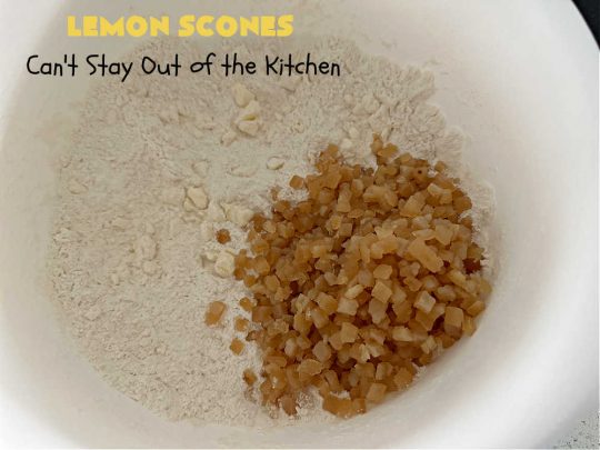 Lemon Scones | Can't Stay Out of the Kitchen | these luscious #scones include #LemonZest #CandiedLemonPeel & #LemonJuice! Yes, they're delightfully lemony & marvelous for a weekend, #holiday or company #breakfast or #brunch. If you enjoy #lemon anything, these sweet #LemonScones will cure any sweet tooth craving. #HolidayBreakfast #ParadiseFruit