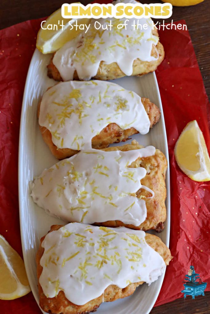 Lemon Scones | Can't Stay Out of the Kitchen | these luscious #scones include #LemonZest #CandiedLemonPeel & #LemonJuice! Yes, they're delightfully lemony & marvelous for a weekend, #holiday or company #breakfast or #brunch. If you enjoy #lemon anything, these sweet #LemonScones will cure any sweet tooth craving. #HolidayBreakfast #ParadiseFruit