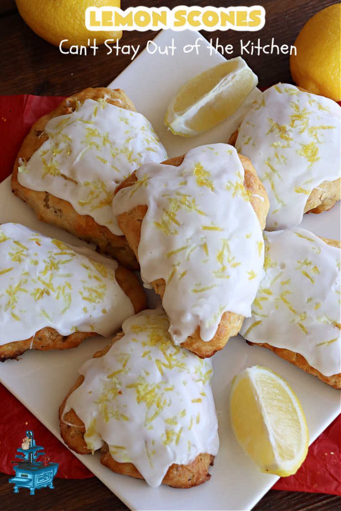 Lemon Scones | Can't Stay Out of the Kitchen | these luscious #scones include #LemonZest #CandiedLemonPeel & #LemonJuice! Yes, they're delightfully lemony & marvelous for a weekend, #holiday or company #breakfast or #brunch. If you enjoy #lemon anything, these sweet #LemonScones will cure any sweet tooth craving. #HolidayBreakfast #ParadiseFruit