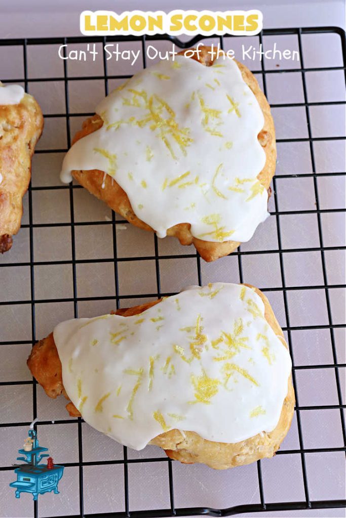 Lemon Scones | Can't Stay Out of the Kitchen | these luscious #scones include #LemonZest #CandiedLemonPeel & #LemonJuice! Yes, they're delightfully lemony & marvelous for a weekend, #holiday or company #breakfast or #brunch. If you enjoy #lemon anything, these sweet #LemonScones will cure any sweet tooth craving. #HolidayBreakfast #ParadiseFruit