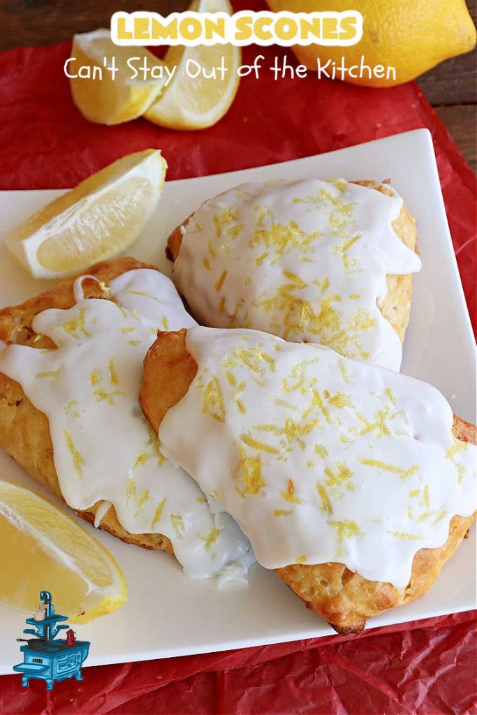 Lemon Scones | Can't Stay Out of the Kitchen | these luscious #scones include #LemonZest #CandiedLemonPeel & #LemonJuice! Yes, they're delightfully lemony & marvelous for a weekend, #holiday or company #breakfast or #brunch. If you enjoy #lemon anything, these sweet #LemonScones will cure any sweet tooth craving. #HolidayBreakfast #ParadiseFruit