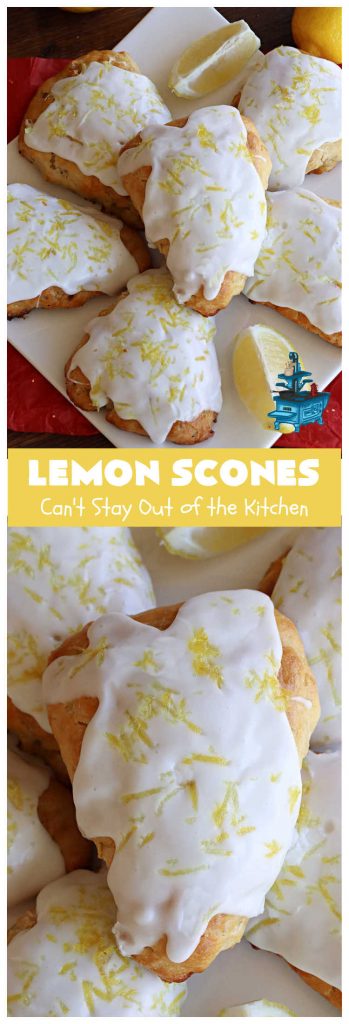 Lemon Scones | Can't Stay Out of the Kitchen | these luscious #scones include #LemonZest #CandiedLemonPeel & #LemonJuice! Yes, they're delightfully lemony & marvelous for a weekend, #holiday or company #breakfast or #brunch. If you enjoy #lemon anything, these sweet #LemonScones will cure any sweet tooth craving. #HolidayBreakfast #ParadiseFruit