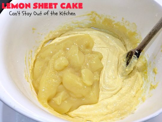 Lemon Sheet Cake | Can't Stay Out of the Kitchen | this delicious #lemon #cake uses only 8 ingredients for the cake & the icing. It's so easy, yet has a luscious lemony taste to die for! The #CreamCheese icing is wonderful. #dessert #tailgating #LemonDessert #LemonSheetCake #Holiday #HolidayDessert