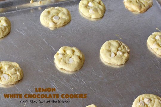 Lemon White Chocolate Cookies | Can't Stay Out of the Kitchen | super easy 4-ingredient #recipe with a #lemon #CakeMix & #WhiteChocolateChips Wonderful for #tailgating parties, potlucks & summer #holiday fun like #FourthOfJuly. #chocolate #cookies #LemonDessert #ChocolateDessert #LemonWhiteChocolateCookies