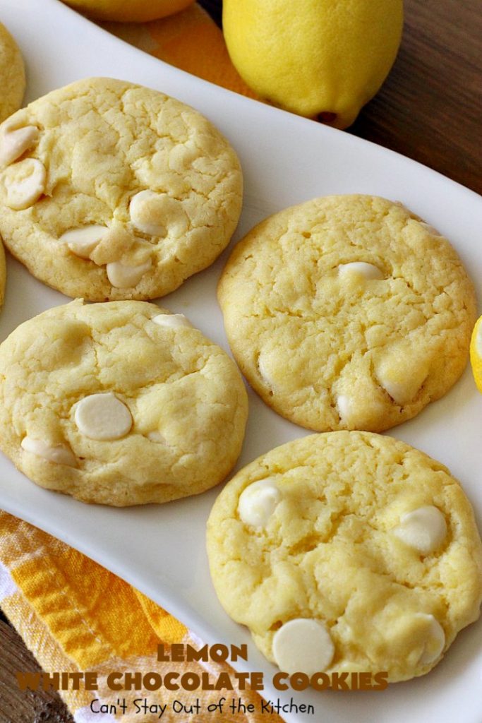 Lemon White Chocolate Cookies | Can't Stay Out of the Kitchen | super easy 4-ingredient #recipe with a #lemon #CakeMix & #WhiteChocolateChips Wonderful for #tailgating parties, potlucks & summer #holiday fun like #FourthOfJuly. #chocolate #cookies #LemonDessert #ChocolateDessert #LemonWhiteChocolateCookies