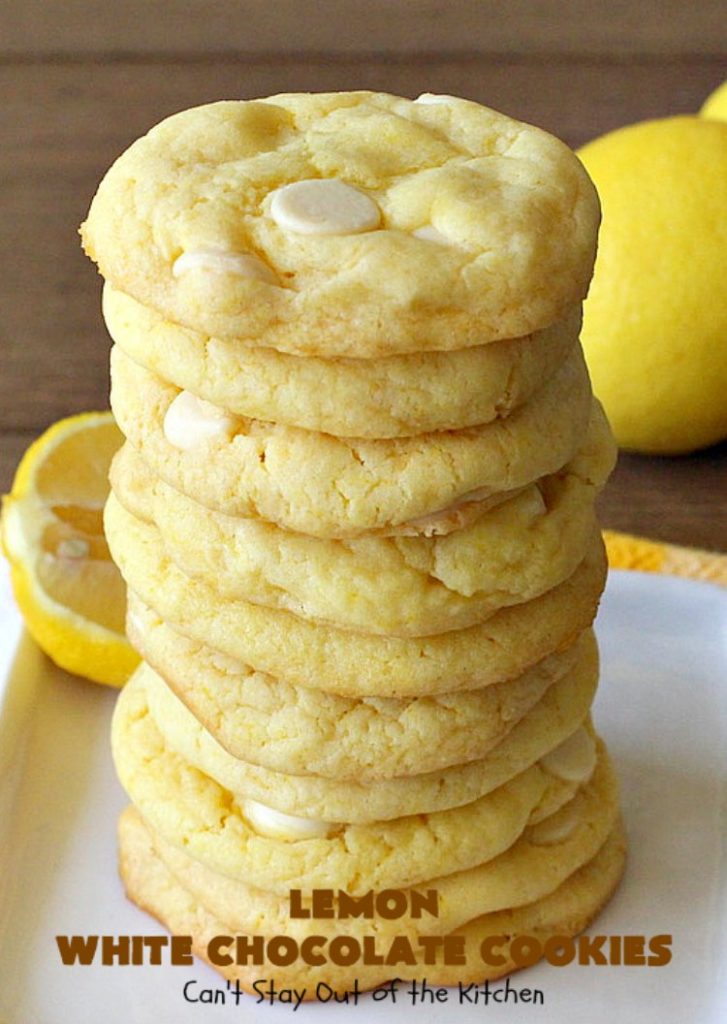 Lemon White Chocolate Cookies | Can't Stay Out of the Kitchen | super easy 4-ingredient #recipe with a #lemon #CakeMix & #WhiteChocolateChips Wonderful for #tailgating parties, potlucks & summer #holiday fun like #FourthOfJuly. #chocolate #cookies #LemonDessert #ChocolateDessert #LemonWhiteChocolateCookies