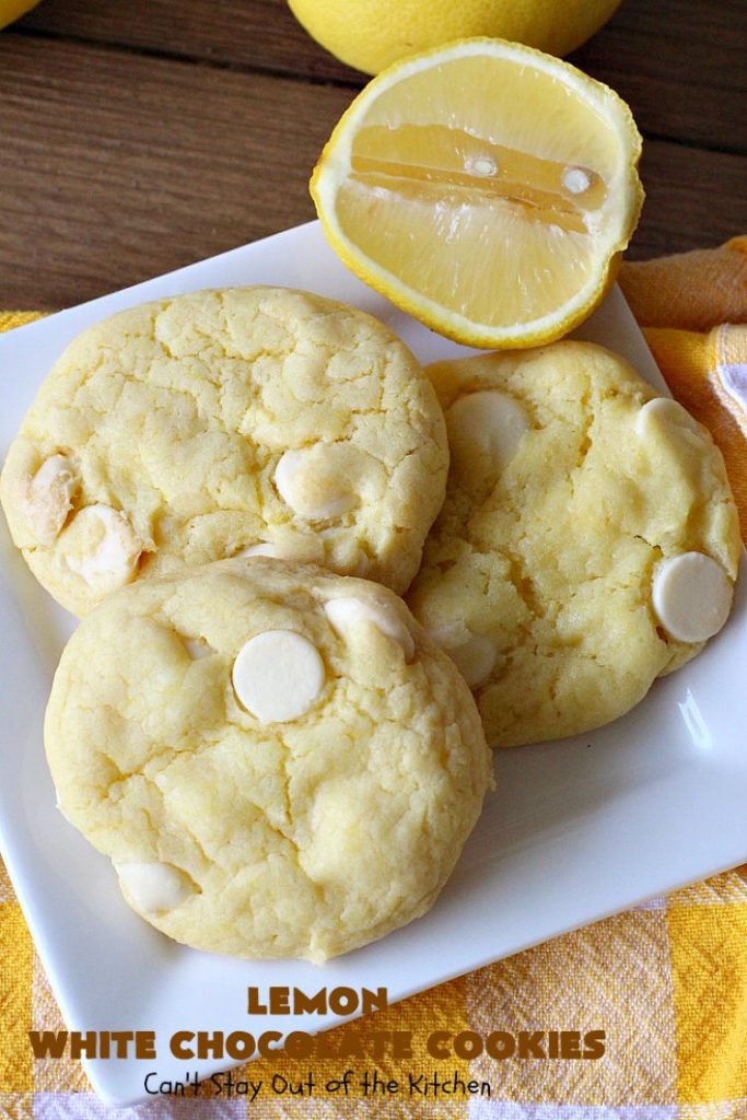 Lemon White Chocolate Cookies | Can't Stay Out of the Kitchen | super easy 4-ingredient #recipe with a #lemon #CakeMix & #WhiteChocolateChips Wonderful for #tailgating parties, potlucks & summer #holiday fun like #FourthOfJuly. #chocolate #cookies #LemonDessert #ChocolateDessert #LemonWhiteChocolateCookies