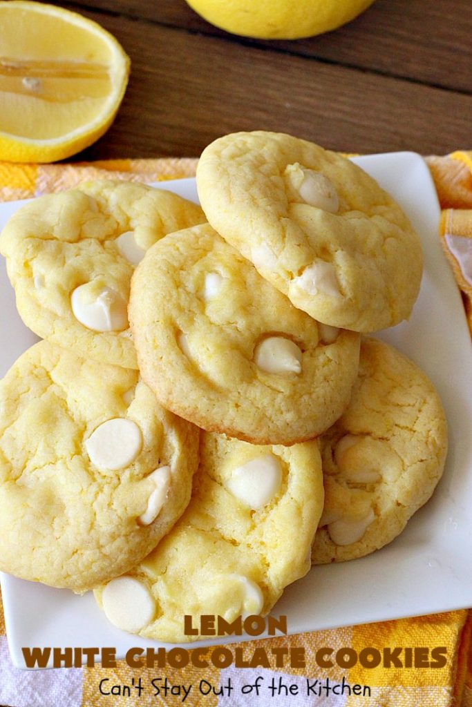 Lemon White Chocolate Cookies | Can't Stay Out of the Kitchen | super easy 4-ingredient #recipe with a #lemon #CakeMix & #WhiteChocolateChips Wonderful for #tailgating parties, potlucks & summer #holiday fun like #FourthOfJuly. #chocolate #cookies #LemonDessert #ChocolateDessert #LemonWhiteChocolateCookies