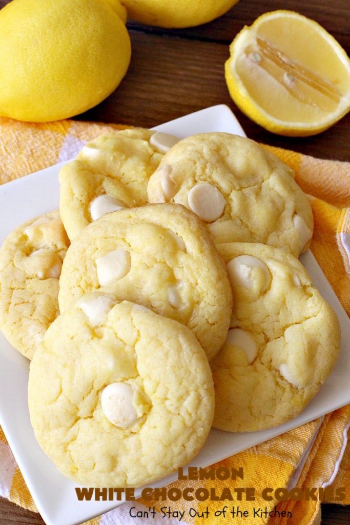 Lemon White Chocolate Cookies | Can't Stay Out of the Kitchen | super easy 4-ingredient #recipe with a #lemon #CakeMix & #WhiteChocolateChips Wonderful for #tailgating parties, potlucks & summer #holiday fun like #FourthOfJuly. #chocolate #cookies #LemonDessert #ChocolateDessert #LemonWhiteChocolateCookies