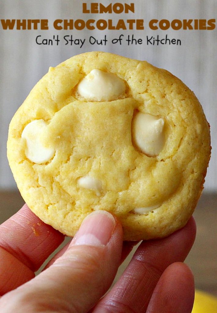Lemon White Chocolate Cookies | Can't Stay Out of the Kitchen | super easy 4-ingredient #recipe with a #lemon #CakeMix & #WhiteChocolateChips Wonderful for #tailgating parties, potlucks & summer #holiday fun like #FourthOfJuly. #chocolate #cookies #LemonDessert #ChocolateDessert #LemonWhiteChocolateCookies