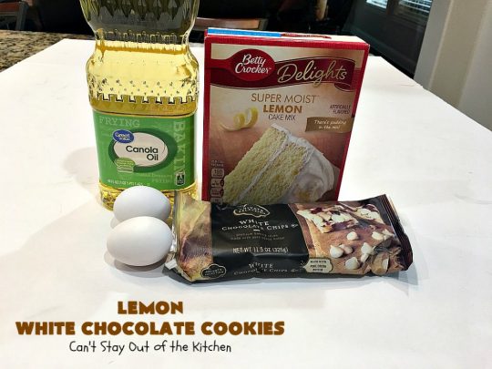 Lemon White Chocolate Cookies | Can't Stay Out of the Kitchen | super easy 4-ingredient #recipe with a #lemon #CakeMix & #WhiteChocolateChips Wonderful for #tailgating parties, potlucks & summer #holiday fun like #FourthOfJuly. #chocolate #cookies #LemonDessert #ChocolateDessert #LemonWhiteChocolateCookies