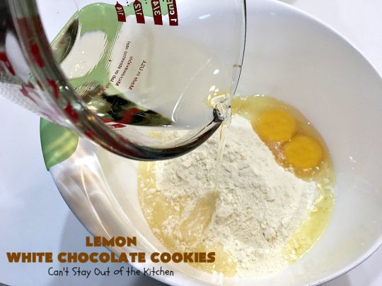 Lemon White Chocolate Cookies | Can't Stay Out of the Kitchen | super easy 4-ingredient #recipe with a #lemon #CakeMix & #WhiteChocolateChips Wonderful for #tailgating parties, potlucks & summer #holiday fun like #FourthOfJuly. #chocolate #cookies #LemonDessert #ChocolateDessert #LemonWhiteChocolateCookies