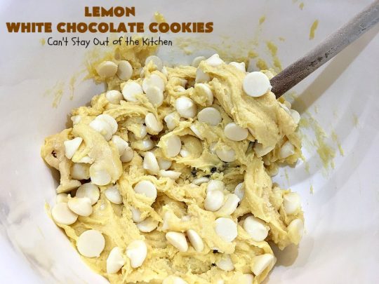 Lemon White Chocolate Cookies | Can't Stay Out of the Kitchen | super easy 4-ingredient #recipe with a #lemon #CakeMix & #WhiteChocolateChips Wonderful for #tailgating parties, potlucks & summer #holiday fun like #FourthOfJuly. #chocolate #cookies #LemonDessert #ChocolateDessert #LemonWhiteChocolateCookies