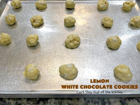 Lemon White Chocolate Cookies | Can't Stay Out of the Kitchen | super easy 4-ingredient #recipe with a #lemon #CakeMix & #WhiteChocolateChips Wonderful for #tailgating parties, potlucks & summer #holiday fun like #FourthOfJuly. #chocolate #cookies #LemonDessert #ChocolateDessert #LemonWhiteChocolateCookies