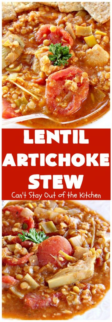 Lentil Artichoke Stew | Can't Stay Out of the Kitchen | This delectable #stew is filled with #lentils #tomatoes & #artichokes. It's wonderful comfort food for #fall or #winter. #vegan #glutenfree #cleaneating