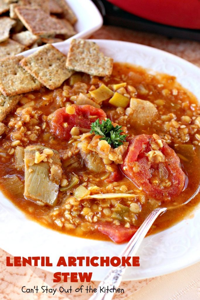 Lentil Artichoke Stew | Can't Stay Out of the Kitchen | This delectable #stew is filled with #lentils #tomatoes & #artichokes. It's wonderful comfort food for #fall or #winter. #vegan #glutenfree #cleaneating