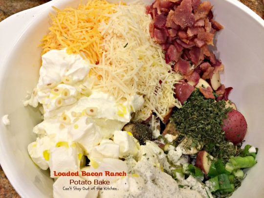 Loaded Bacon Ranch Potato Bake | Can't Stay Out of the Kitchen | this #potato #casserole is loaded with all the things you love on baked potatoes including a secret ingredient: #HiddenValley #RanchDressingMix #bacon #cheddarcheese #glutenfree