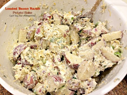 Loaded Bacon Ranch Potato Bake | Can't Stay Out of the Kitchen | this #potato #casserole is loaded with all the things you love on baked potatoes including a secret ingredient: #HiddenValley #RanchDressingMix #bacon #cheddarcheese #glutenfree