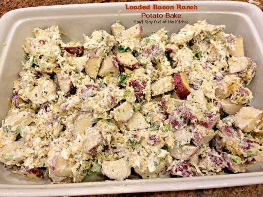 Loaded Bacon Ranch Potato Bake | Can't Stay Out of the Kitchen | this #potato #casserole is loaded with all the things you love on baked potatoes including a secret ingredient: #HiddenValley #RanchDressingMix #bacon #cheddarcheese #glutenfree