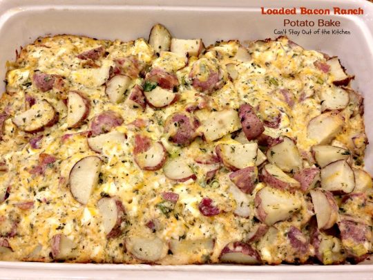 Loaded Bacon Ranch Potato Bake | Can't Stay Out of the Kitchen | this #potato #casserole is loaded with all the things you love on baked potatoes including a secret ingredient: #HiddenValley #RanchDressingMix #bacon #cheddarcheese #glutenfree