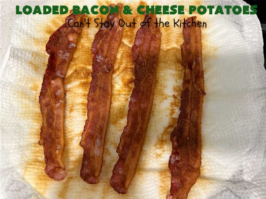 Loaded Bacon and Cheese Potatoes | Can't Stay Out of the Kitchen | These fantastic #potatoes are dripping with #CheddarCheese & loads of #bacon. Every bite will knock your socks off. This is a great #casserole for family, company or #holiday dinners. Everyone will want seconds. #GlutenFree #pork #LoadedBaconAndCheesePotatoes