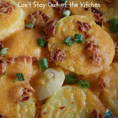 Loaded Bacon and Cheese Potatoes | Can't Stay Out of the Kitchen | These fantastic #potatoes are dripping with #CheddarCheese & loads of #bacon. Every bite will knock your socks off. This is a great #casserole for family, company or #holiday dinners. Everyone will want seconds. #GlutenFree #pork #LoadedBaconAndCheesePotatoes