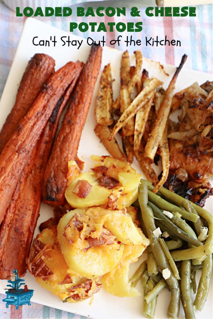 Loaded Bacon and Cheese Potatoes | Can't Stay Out of the Kitchen | These fantastic #potatoes are dripping with #CheddarCheese & loads of #bacon. Every bite will knock your socks off. This is a great #casserole for family, company or #holiday dinners. Everyone will want seconds. #GlutenFree #pork #LoadedBaconAndCheesePotatoes