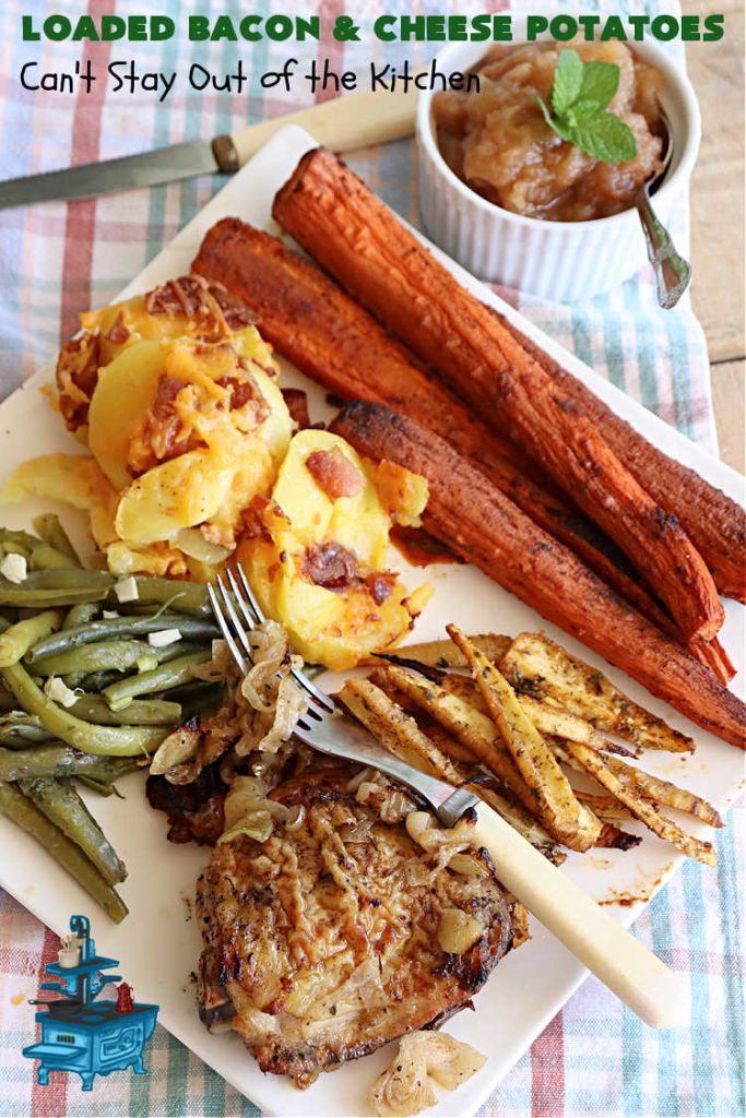 Loaded Bacon and Cheese Potatoes | Can't Stay Out of the Kitchen | These fantastic #potatoes are dripping with #CheddarCheese & loads of #bacon. Every bite will knock your socks off. This is a great #casserole for family, company or #holiday dinners. Everyone will want seconds. #GlutenFree #pork #LoadedBaconAndCheesePotatoes