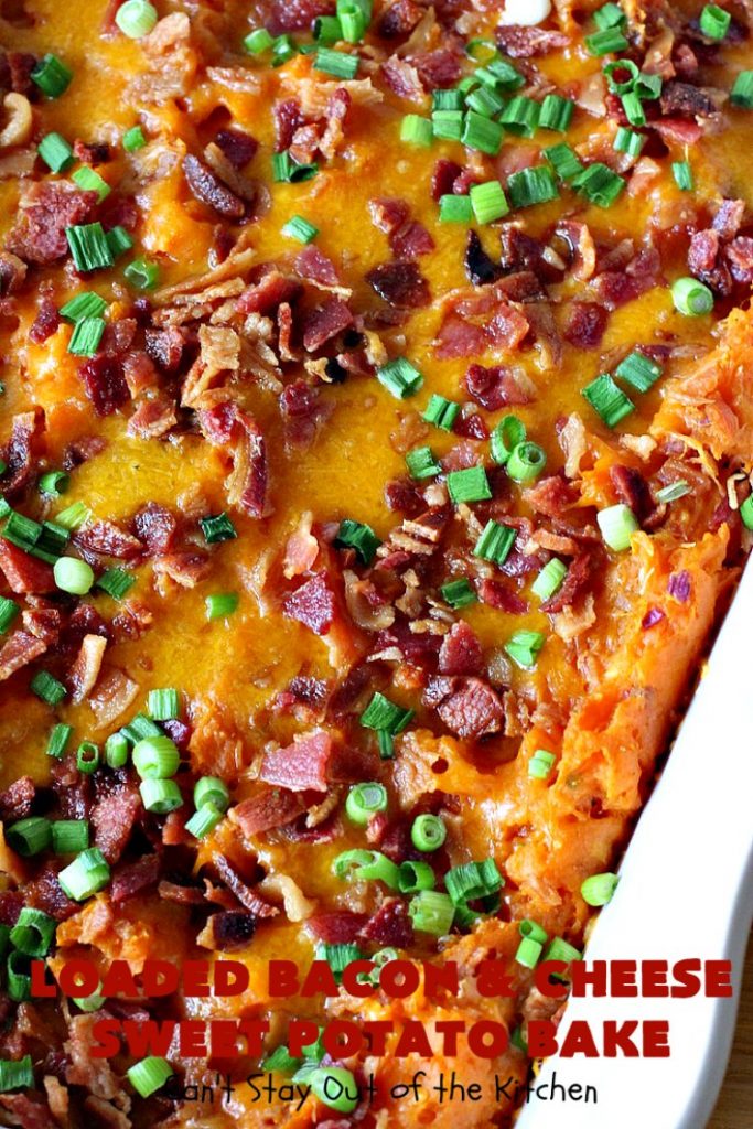 Loaded Bacon and Cheese Sweet Potato Bake | Can't Stay Out of the Kitchen | this #SweetPotato #casserole is awesome! It's loaded with #bacon, #CheddarCheese & green onions. If you want comfort food on your #Holiday #Thanksgiving or #Christmas menu, #LoadedBaconAndCheeseSweetPotatoBake needs to be on it! #GlutenFree #SideDish #SweetPotatoes #GlutenFreeSideDish