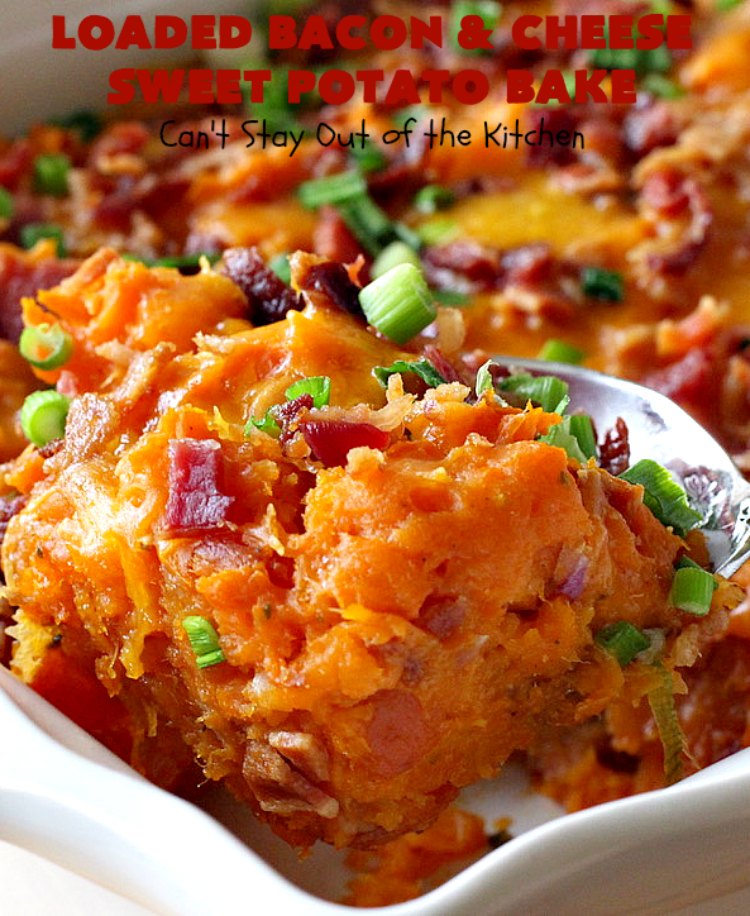 Loaded Bacon and Cheese Sweet Potato Bake | Can't Stay Out of the Kitchen | this #SweetPotato #casserole is awesome! It's loaded with #bacon, #CheddarCheese & green onions. If you want comfort food on your #Holiday #Thanksgiving or #Christmas menu, #LoadedBaconAndCheeseSweetPotatoBake needs to be on it! #GlutenFree #SideDish #SweetPotatoes #GlutenFreeSideDish