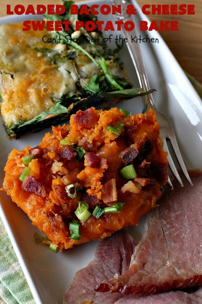 Loaded Bacon and Cheese Sweet Potato Bake | Can't Stay Out of the Kitchen | this #SweetPotato #casserole is awesome! It's loaded with #bacon, #CheddarCheese & green onions. If you want comfort food on your #Holiday #Thanksgiving or #Christmas menu, #LoadedBaconAndCheeseSweetPotatoBake needs to be on it! #GlutenFree #SideDish #SweetPotatoes #GlutenFreeSideDish