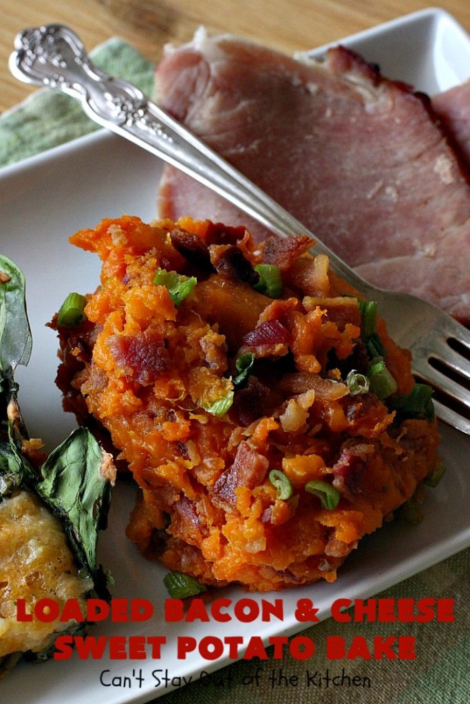 Loaded Bacon and Cheese Sweet Potato Bake | Can't Stay Out of the Kitchen | this #SweetPotato #casserole is awesome! It's loaded with #bacon, #CheddarCheese & green onions. If you want comfort food on your #Holiday #Thanksgiving or #Christmas menu, #LoadedBaconAndCheeseSweetPotatoBake needs to be on it! #GlutenFree #SideDish #SweetPotatoes #GlutenFreeSideDish