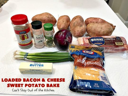 Loaded Bacon and Cheese Sweet Potato Bake | Can't Stay Out of the Kitchen | this #SweetPotato #casserole is awesome! It's loaded with #bacon, #CheddarCheese & green onions. If you want comfort food on your #Holiday #Thanksgiving or #Christmas menu, #LoadedBaconAndCheeseSweetPotatoBake needs to be on it! #GlutenFree #SideDish #SweetPotatoes #GlutenFreeSideDish
