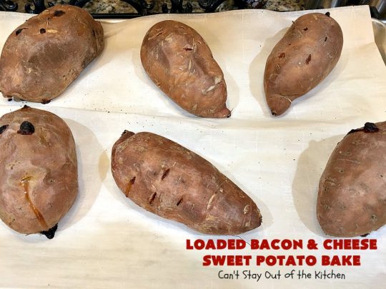Loaded Bacon and Cheese Sweet Potato Bake | Can't Stay Out of the Kitchen | this #SweetPotato #casserole is awesome! It's loaded with #bacon, #CheddarCheese & green onions. If you want comfort food on your #Holiday #Thanksgiving or #Christmas menu, #LoadedBaconAndCheeseSweetPotatoBake needs to be on it! #GlutenFree #SideDish #SweetPotatoes #GlutenFreeSideDish