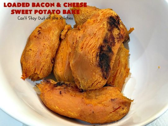Loaded Bacon and Cheese Sweet Potato Bake | Can't Stay Out of the Kitchen | this #SweetPotato #casserole is awesome! It's loaded with #bacon, #CheddarCheese & green onions. If you want comfort food on your #Holiday #Thanksgiving or #Christmas menu, #LoadedBaconAndCheeseSweetPotatoBake needs to be on it! #GlutenFree #SideDish #SweetPotatoes #GlutenFreeSideDish