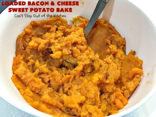Loaded Bacon and Cheese Sweet Potato Bake | Can't Stay Out of the Kitchen | this #SweetPotato #casserole is awesome! It's loaded with #bacon, #CheddarCheese & green onions. If you want comfort food on your #Holiday #Thanksgiving or #Christmas menu, #LoadedBaconAndCheeseSweetPotatoBake needs to be on it! #GlutenFree #SideDish #SweetPotatoes #GlutenFreeSideDish