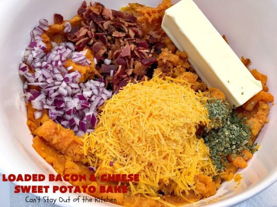 Loaded Bacon and Cheese Sweet Potato Bake | Can't Stay Out of the Kitchen | this #SweetPotato #casserole is awesome! It's loaded with #bacon, #CheddarCheese & green onions. If you want comfort food on your #Holiday #Thanksgiving or #Christmas menu, #LoadedBaconAndCheeseSweetPotatoBake needs to be on it! #GlutenFree #SideDish #SweetPotatoes #GlutenFreeSideDish