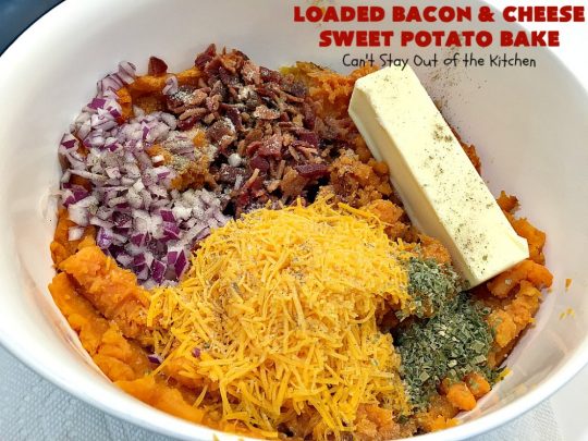 Loaded Bacon and Cheese Sweet Potato Bake | Can't Stay Out of the Kitchen | this #SweetPotato #casserole is awesome! It's loaded with #bacon, #CheddarCheese & green onions. If you want comfort food on your #Holiday #Thanksgiving or #Christmas menu, #LoadedBaconAndCheeseSweetPotatoBake needs to be on it! #GlutenFree #SideDish #SweetPotatoes #GlutenFreeSideDish