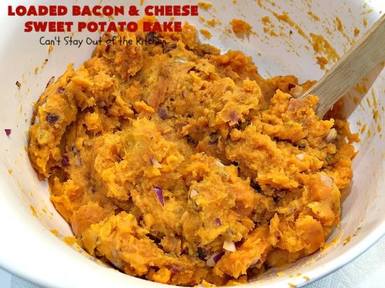 Loaded Bacon and Cheese Sweet Potato Bake | Can't Stay Out of the Kitchen | this #SweetPotato #casserole is awesome! It's loaded with #bacon, #CheddarCheese & green onions. If you want comfort food on your #Holiday #Thanksgiving or #Christmas menu, #LoadedBaconAndCheeseSweetPotatoBake needs to be on it! #GlutenFree #SideDish #SweetPotatoes #GlutenFreeSideDish