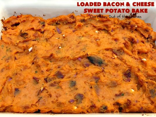Loaded Bacon and Cheese Sweet Potato Bake | Can't Stay Out of the Kitchen | this #SweetPotato #casserole is awesome! It's loaded with #bacon, #CheddarCheese & green onions. If you want comfort food on your #Holiday #Thanksgiving or #Christmas menu, #LoadedBaconAndCheeseSweetPotatoBake needs to be on it! #GlutenFree #SideDish #SweetPotatoes #GlutenFreeSideDish