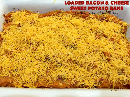 Loaded Bacon and Cheese Sweet Potato Bake | Can't Stay Out of the Kitchen | this #SweetPotato #casserole is awesome! It's loaded with #bacon, #CheddarCheese & green onions. If you want comfort food on your #Holiday #Thanksgiving or #Christmas menu, #LoadedBaconAndCheeseSweetPotatoBake needs to be on it! #GlutenFree #SideDish #SweetPotatoes #GlutenFreeSideDish