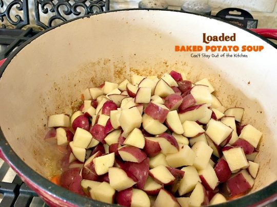 Loaded Baked Potato Soup | Can't Stay Out of the Kitchen | This #Disney copycat recipe is one of the most awesome #soup recipes ever. Loaded with #bacon, #cheddarcheese and red #potatoes.