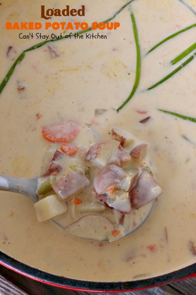 Loaded Baked Potato Soup | Can't Stay Out of the Kitchen | This #Disney copycat recipe is one of the most awesome #soup recipes ever. Loaded with #bacon, #cheddarcheese and red #potatoes.