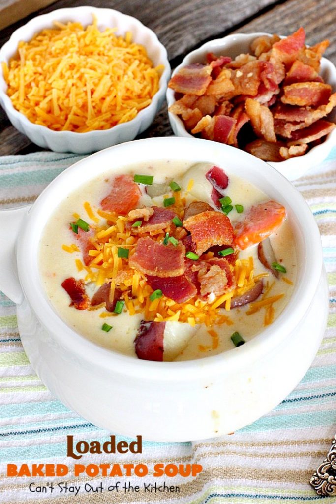 Loaded Baked Potato Soup | Can't Stay Out of the Kitchen | This #Disney copycat recipe is one of the most awesome #soup recipes ever. Loaded with #bacon, #cheddarcheese and red #potatoes. 
