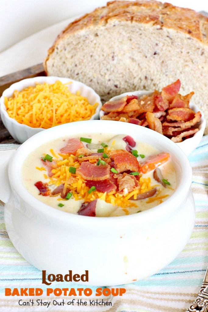 Loaded Baked Potato Soup | Can't Stay Out of the Kitchen | This #Disney copycat recipe is one of the most awesome #soup recipes ever. Loaded with #bacon, #cheddarcheese and red #potatoes.